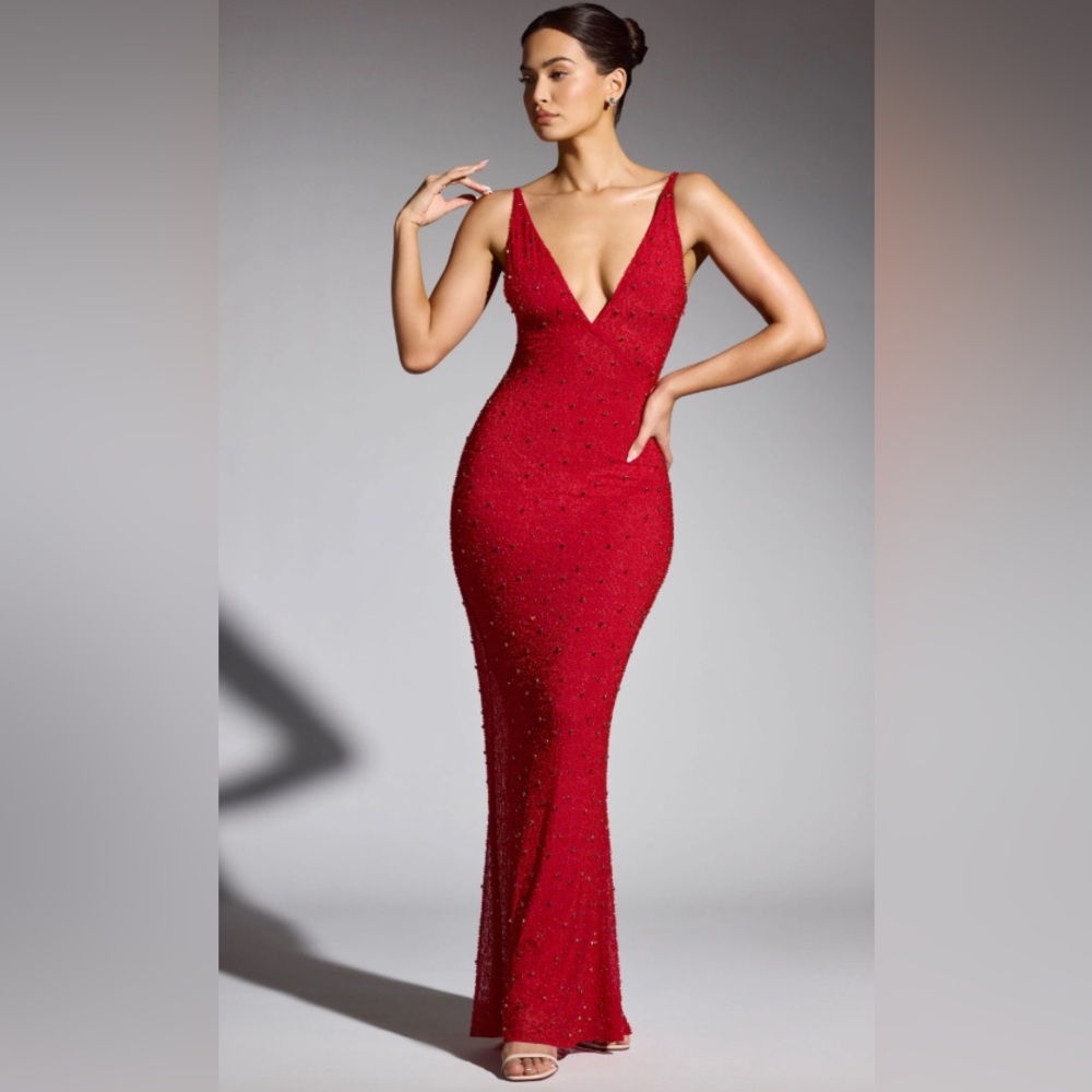 Oh Polly Colmar Embellished Plunge Neck Evening Gown